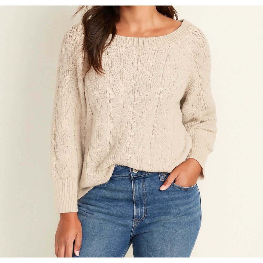 Old Navy Sz 2X Womens Cream Chunky Cable Knit Long Sleeve Pullover Sweater Cozy